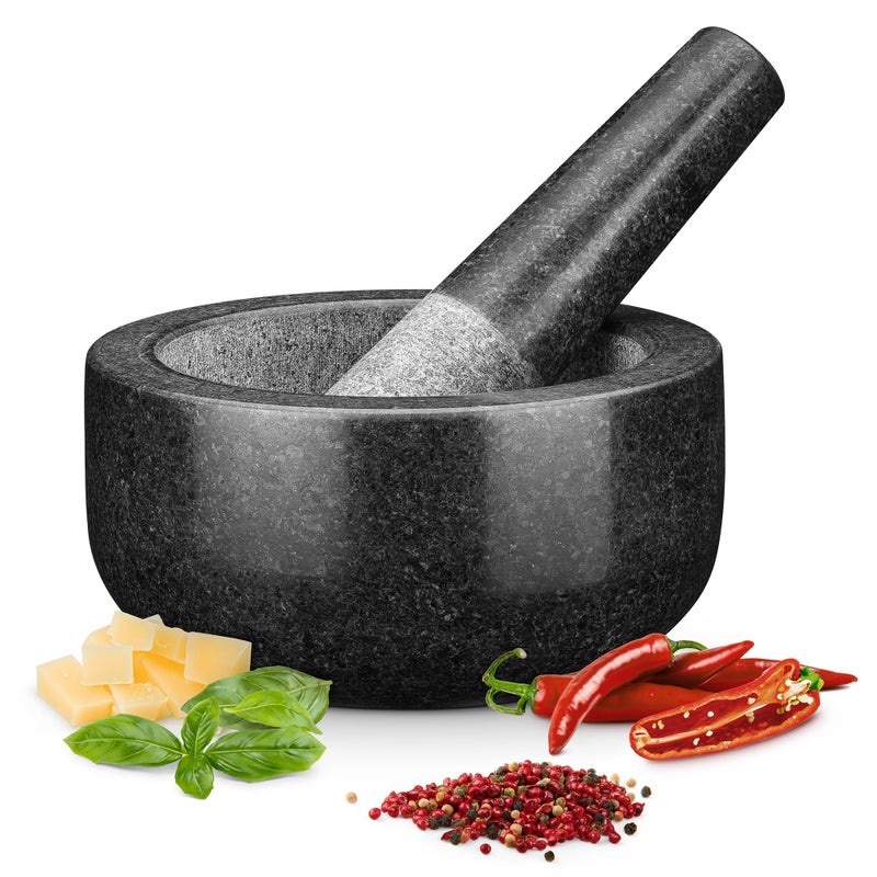 H&S Mortar and Pestle Set - Large Premium Solid Granite Stone Grinder Bowl - 16cm (6.3") - Molcajete, Herb Crusher, Spice Grinder Bowl, Avocado, Salsa, Pesto, Guacamole Pestle and Mortar Bowl - Black - Image 1